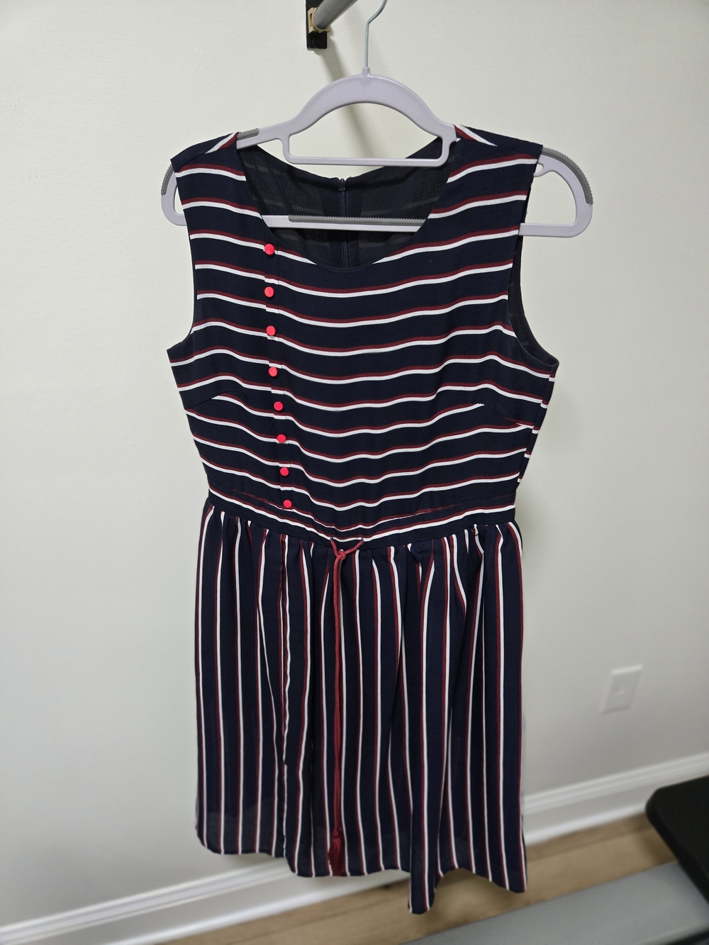 Navy Striped Sleeveless Dress with Red Accents